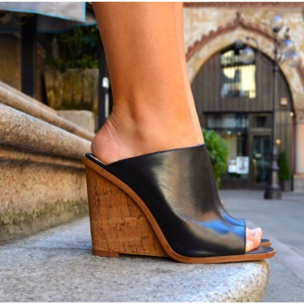 ZARA BASIC Black Wedge Cork Platform Sandals Wome… - image 1